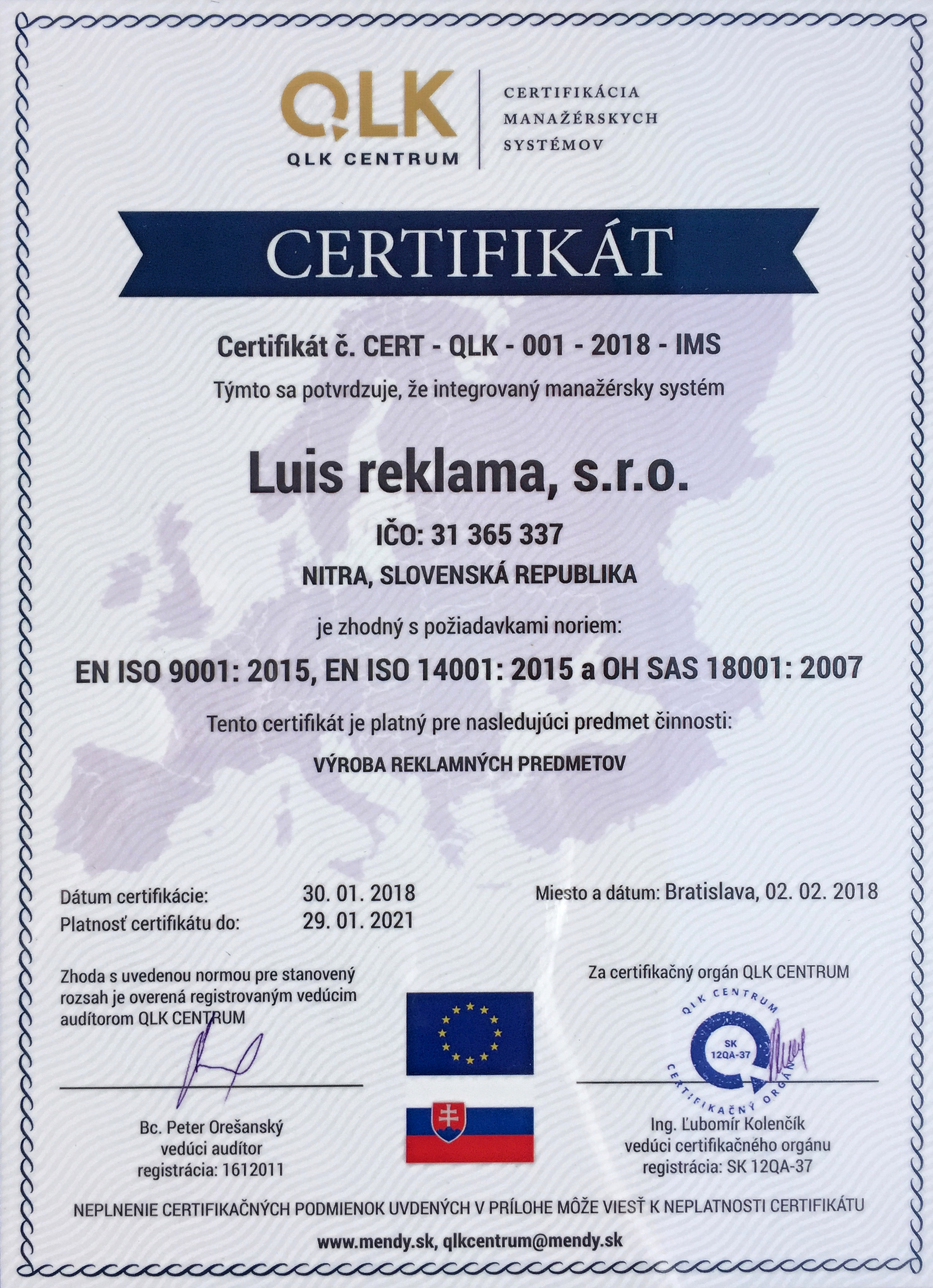 certifikát ISO, OHSAS  - výroba reklamy
