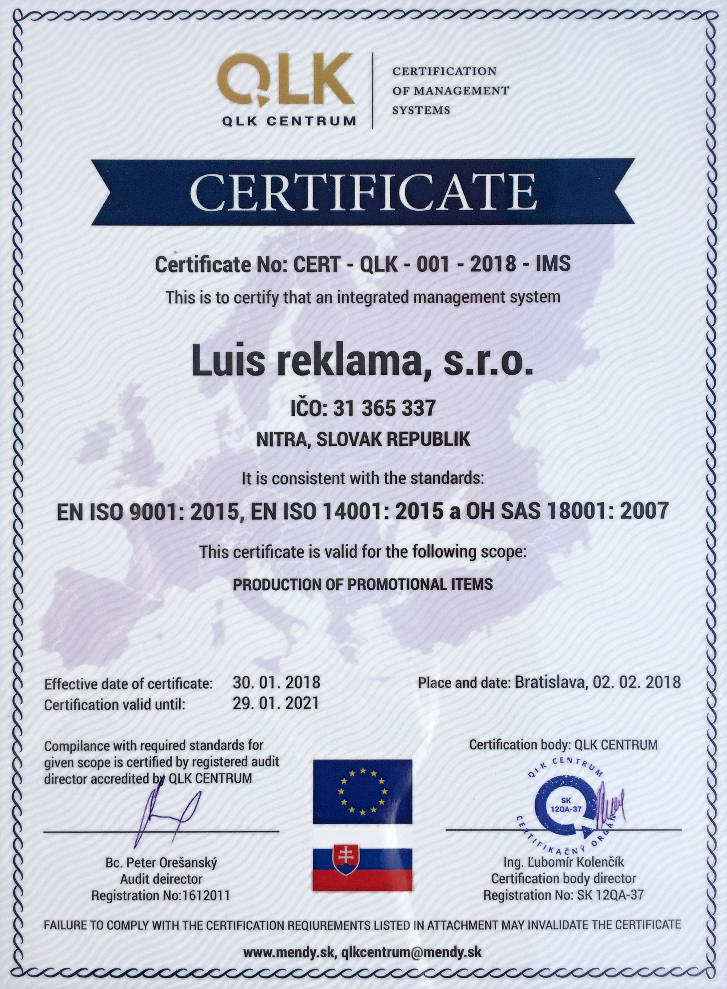 certifikát ISO, OHSAS  - výroba reklamy anglický